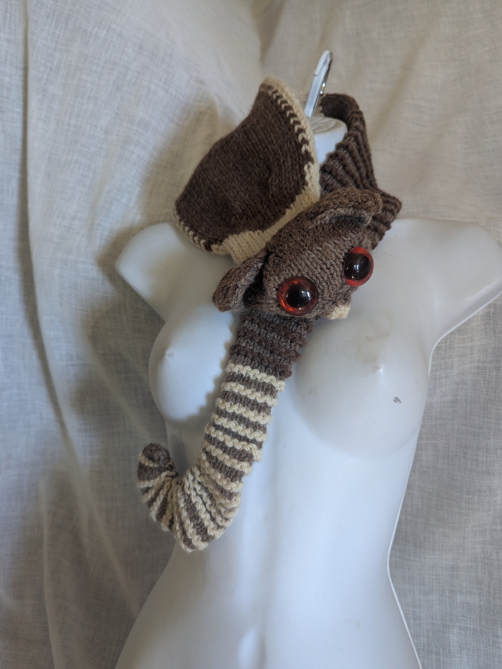New Whimsical SLOTH Hand Knit Scarf in Brown and Cream